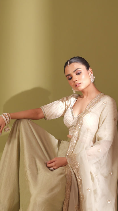 Noorika Ivory Brocade Blouse with Sage Silk Lehenga and dupatta- set of 3