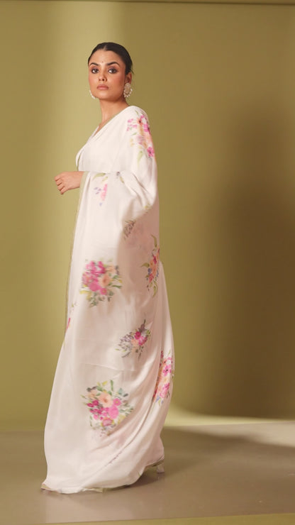 Gulzar White Floral Printed Saree and Blouse- set of 3