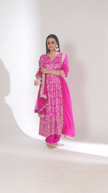Noorika Fuschia Chanderi Anarkali with Pant and dupatta- set of 3