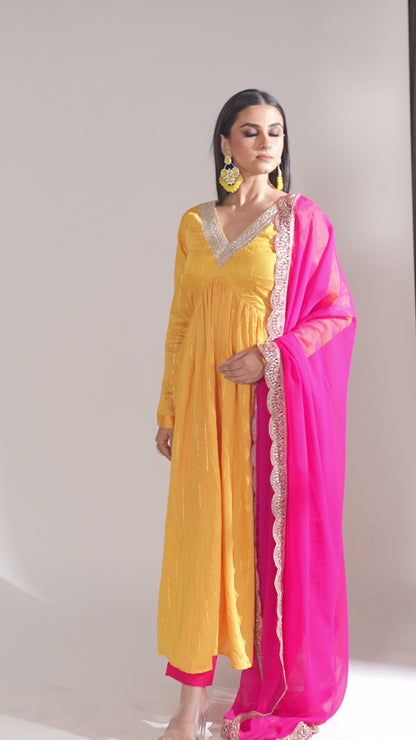 Mastani Sunshine Chanderi Anarkali and Pant with dupatta- set of 3