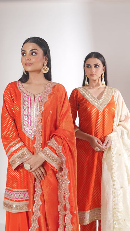 Noorika Orange Silk Kurta with Dhoti pant and dupatta- set of 3